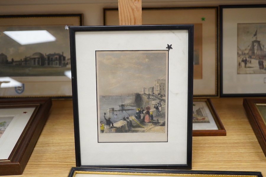 A collection of Brighton prints and engravings, mostly views of The Pavilion and Chain Pier, to include: one after J M W Turner and one after T Creswick, largest 18 x 29cm, (10). Condition - varies